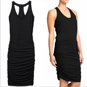 Athleta V-Neck Racerback Stretch Jersey Shirred Tank Dress Black Women's Small